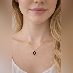 NEW Womens Stainless Steel Goldtone Black Clover Initial C Necklace 17.5"
